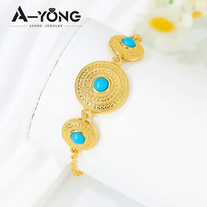 Ensemble de bijoux Turquoise plaqué or 24 carats, collier de mariée éthiopien, Bracelet, boucles d'oreilles, bijoux de mariage pour femmes arabes, mode dubaï
