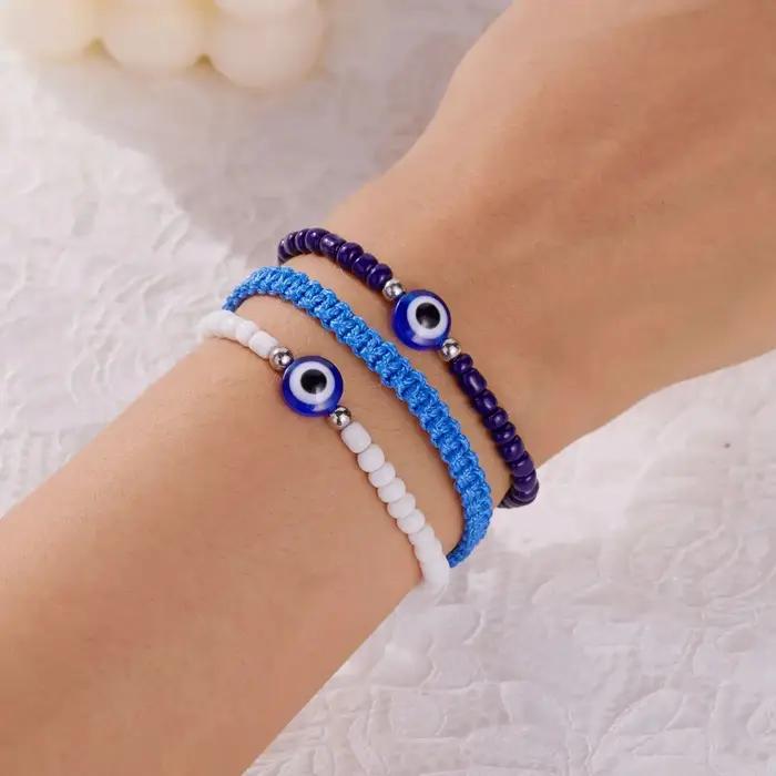 Lucky Evil Eye-Ensemble de bracelets de perles de riz réglables pour femmes et hommes