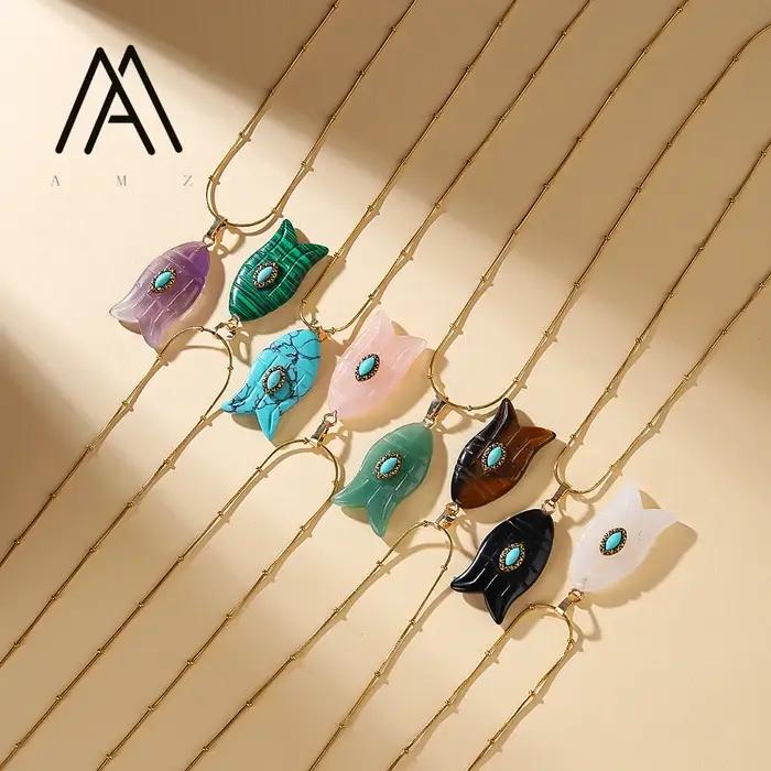 Collier en forme de poisson améthyste naturelle Malachite pendentif colliers bohème Mini