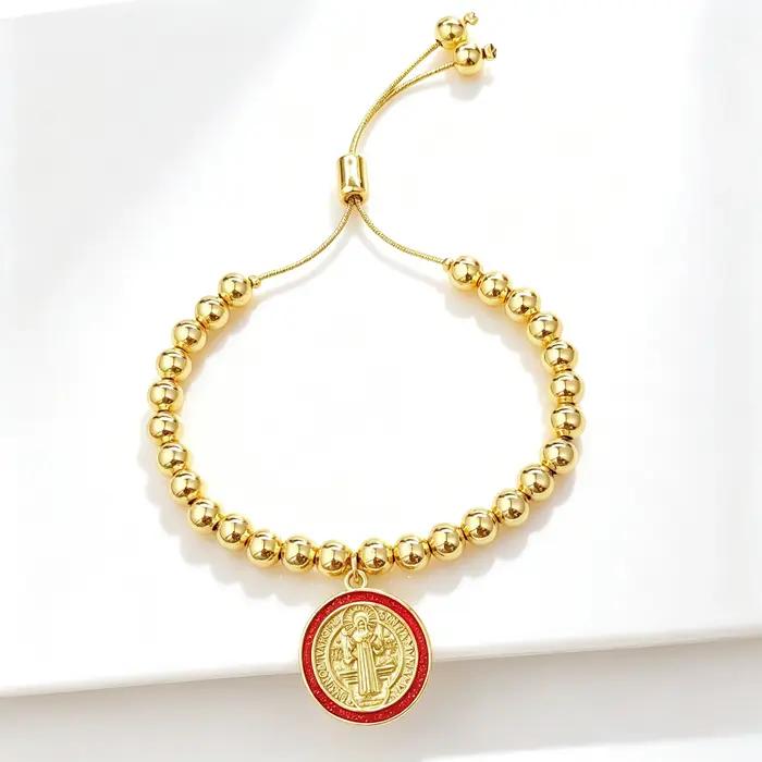 Nouvel Arrivage Bracelet de perles en cuivre avec médaille ronde Saint Benoît en émail