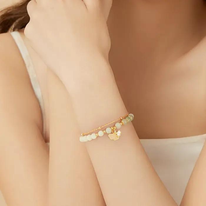 Hetian Jade Ginkgo Double couche Bracelet élégant luxueux bijoux faits à la main pour les femmes Premium cadeau choix S925 argent Sterling