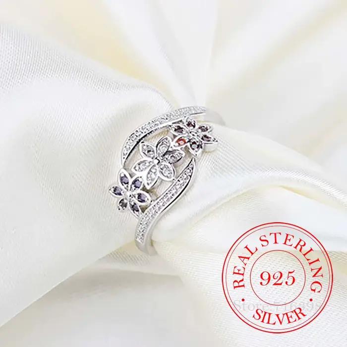 Bague fleur en argent sterling 925 pour femme – Élégant blanc rouge violet CZ bijoux classique bracelet délicat pour fiançailles de mariage