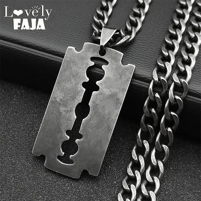Collier Long lame de rasoir en acier inoxydable pour hommes et femmes