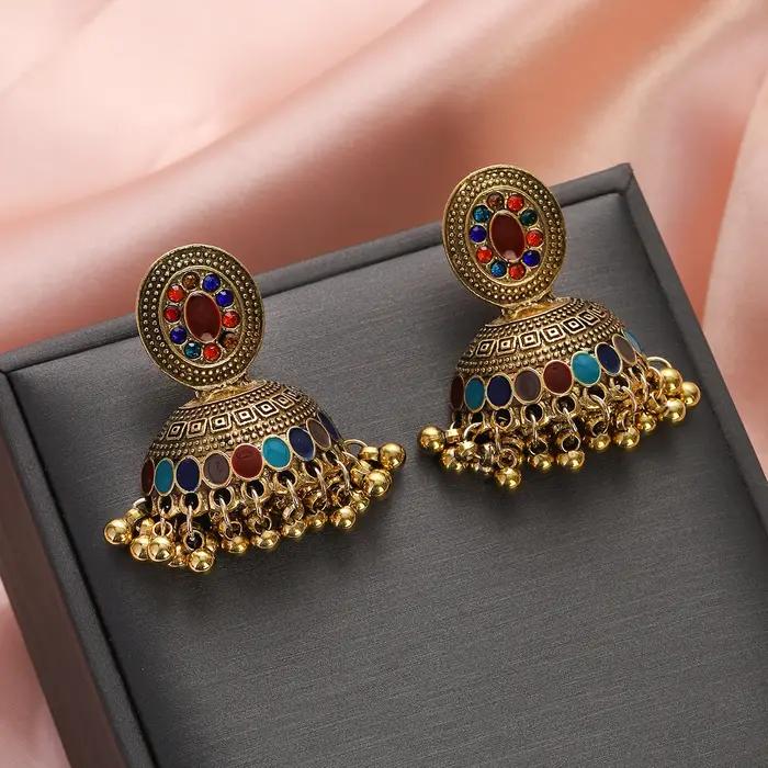 Boucles d'oreilles ethniques indiennes couleur or cloche pendantes pour dames charme multicolore cristal bohème bijoux