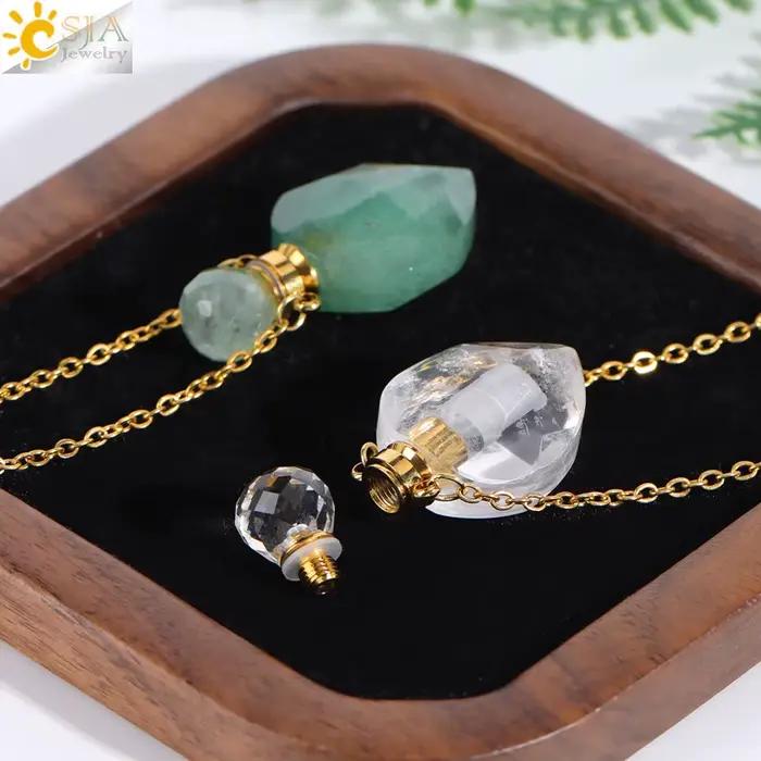 Colliers de la présidence en cristal de bouteille de parfum coeur vintage, pierre précieuse naturelle, pendentif en acier inoxydable, cadeau de la Saint-Valentin, H539
