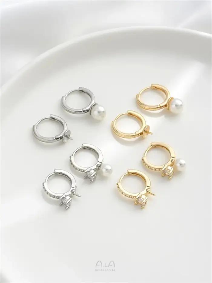 Boucle d'oreille en perles demi-trou incrustée de Zirconium plaqué or 14K