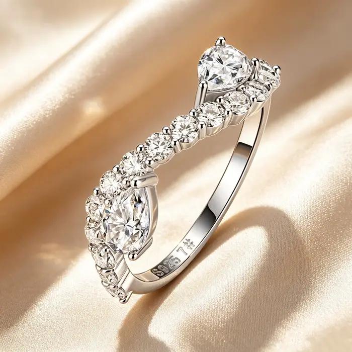 Bague en argent sterling 925 avec moissanite en forme de goutte d'eau, double rangée de pierres, bij