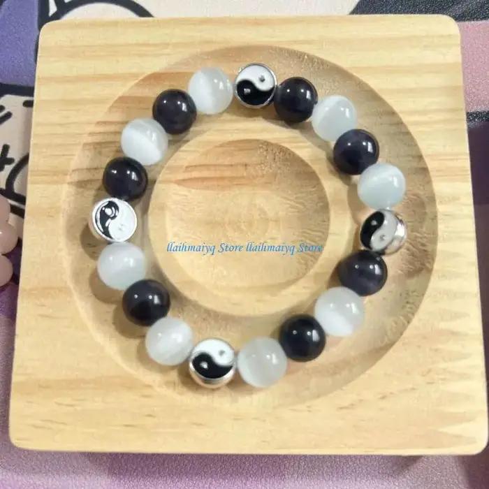 573b Naturel Stone Amitié Yin Yang Bracelet Black Agate Crystal
