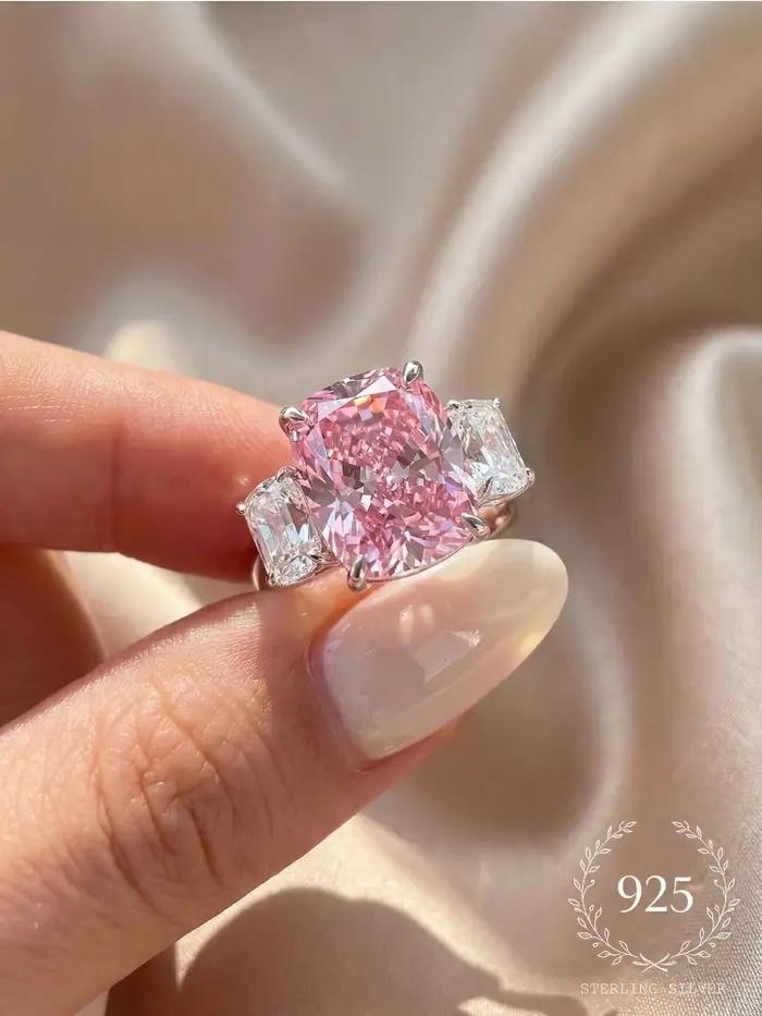 Bague rectangulaire rose à quatre griffes en argent Sterling 925