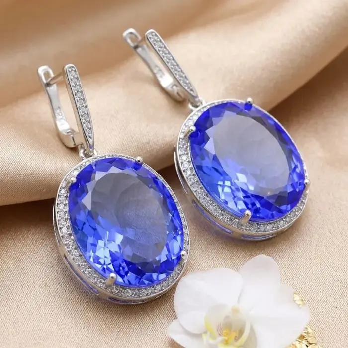 Boucles d'oreilles en argent pour femmes, 40x21mm, grande pierre précieuse délicate, Tanzanite viole