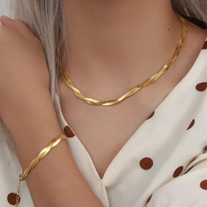 E.B.belle – ensemble de bracelets et colliers en chaîne à chevrons tressées imperméables plaqués or