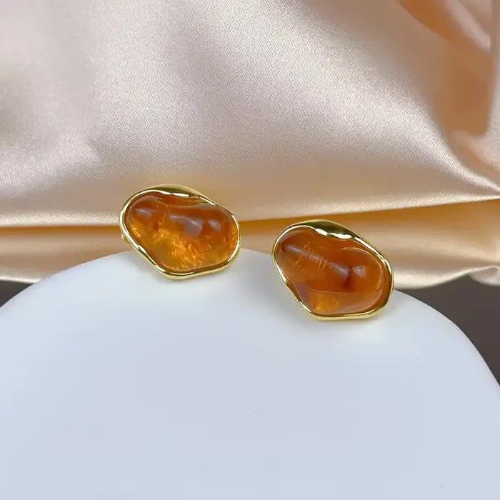 Boucles d'Oreilles Géométriques Irrégulières en Ambre pour Femme et Fille