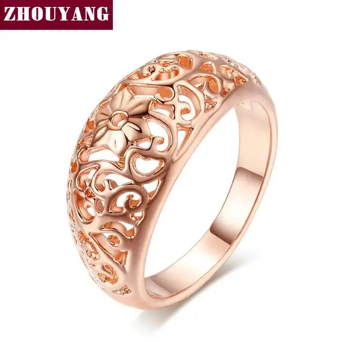 ZBathroom UYANG-Bague épaisse vintage pour femme, fleur évidée, artisanat évidé, document en or rose