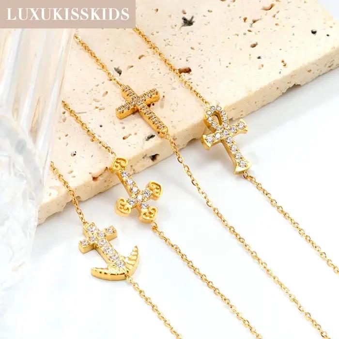 LUXUKISSKIDS classique Goth croix bracelets porte-bonheur pour femme/hommes jésus chrétien bijoux en acier inoxydable strass luxe pulseras
