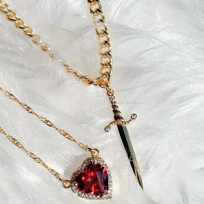LATS 2 pièces peuvent être assemblés coeur et épée Zircon pendentif collier pour femmes hommes Couple argent plaqué or tour de cou chaîne bijoux