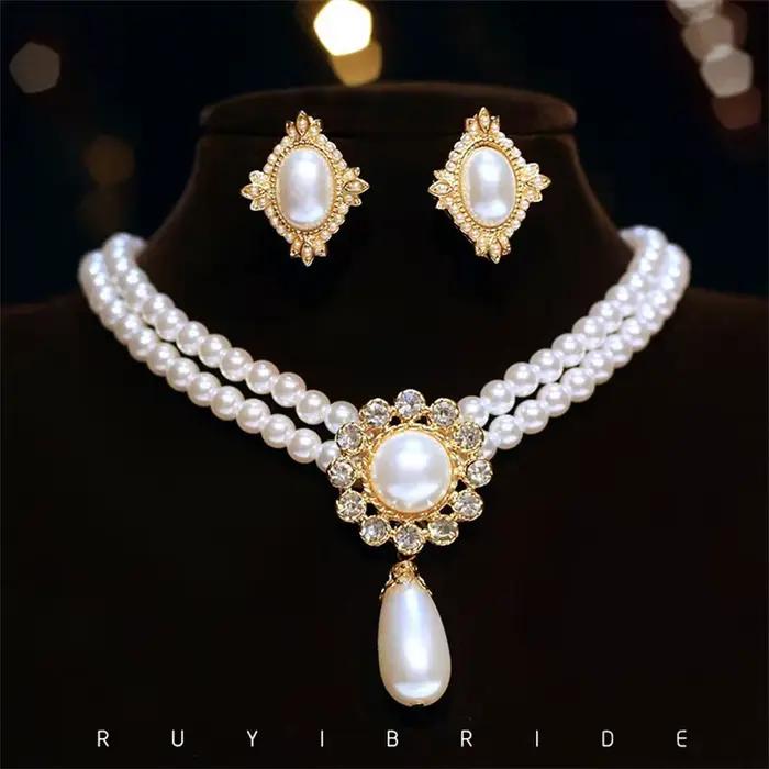 SHMIK élégant Vintage palais plein perle pendentif collier chaînes boucles d'oreilles pour femmes dame classique exquis