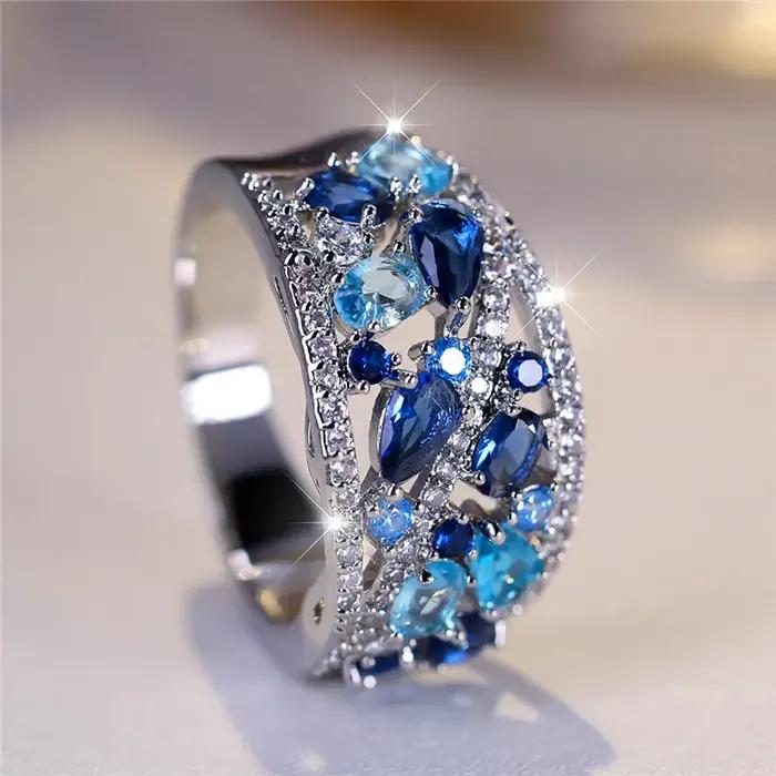 Bague de luxe en pierre de Zircon bleu pour femme