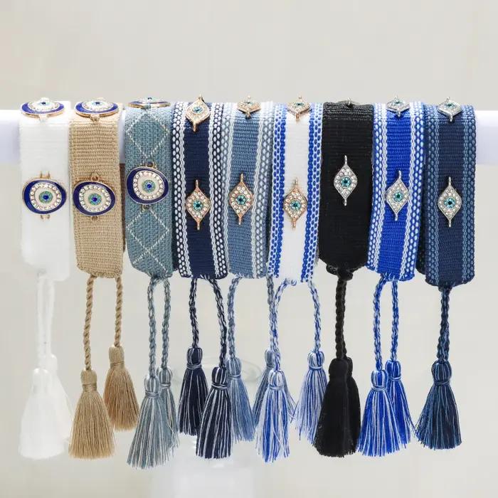 Bracelets tissés mauvais yeux avec breloques, bracelets empilables en tissu