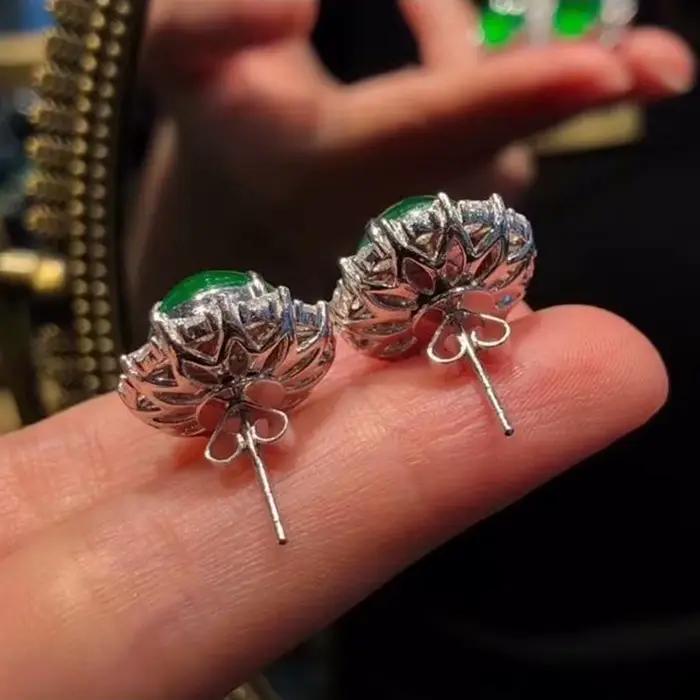 Grandes boucles d'oreilles en calcédoine verte Hetian naturelle incrustée, fleur ronde, bijoux de luxe rétro exagérés en argent, nouvelle collection