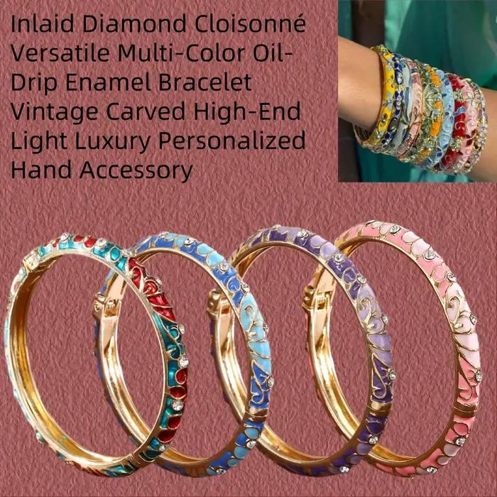 Bracelet vintage en émail cloisonné à motifs floraux et gouttes d'huile