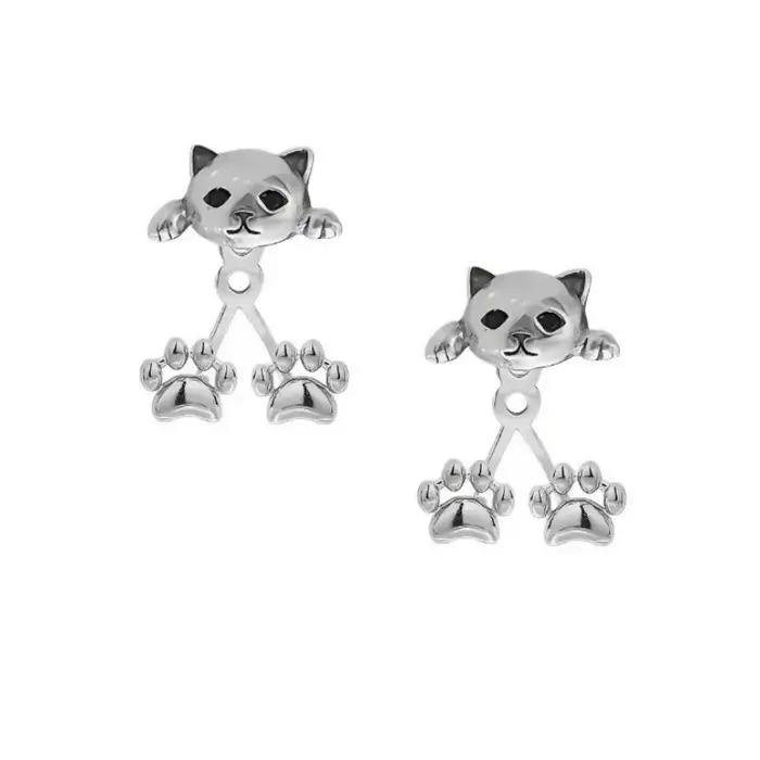 Boucles d'oreilles vintage amusantes couleur argent en forme de chat pour femme