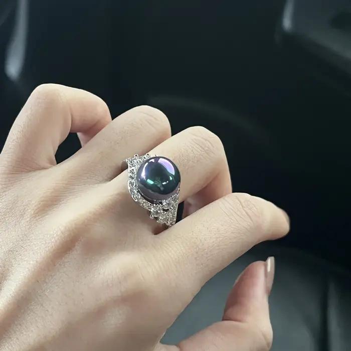 Bagues élégantes en argent 925 avec perles noires pour femmes, style palais, diamant clouté, perles