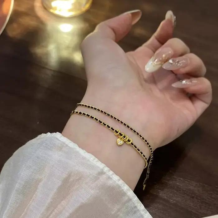 Bracelets en forme de cœur en corde noire pour femmes, style palais rétro, bracelets à breloques légers de luxe, bijoux fins pour fête de mariage