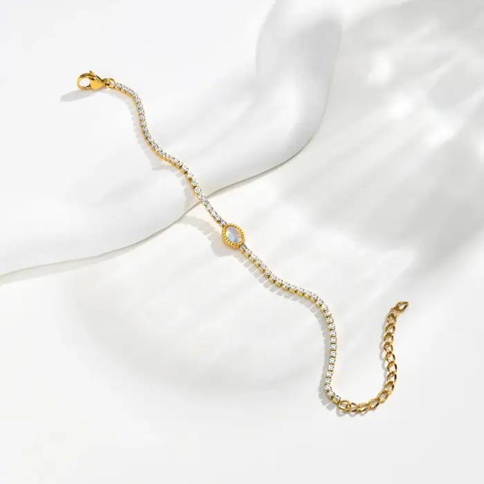 Bracelet Tennis en Acier Inoxydable Plaqué Or 18K avec Zircon et Pierres Naturelles Coquillages pour Femme