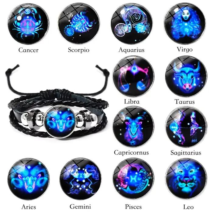 Bracelet Lumineux Signes du Zodiaque 12 Constellations Homme Femme Vintage Multicouche en Cuir Enroulé Cadeau Pulsera Hombre