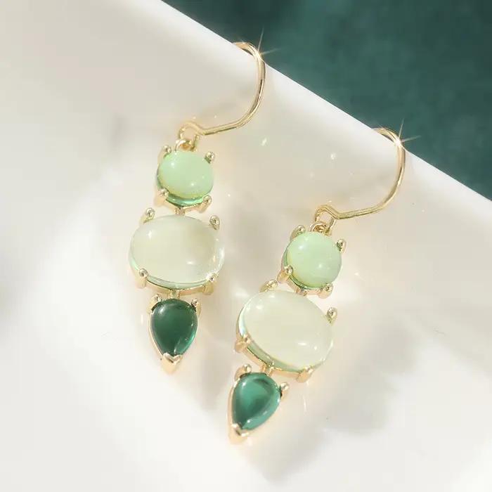 Boucles d'oreilles pendantes géométriques vintage incrustées d'agate synthétique verte, bijoux de mo