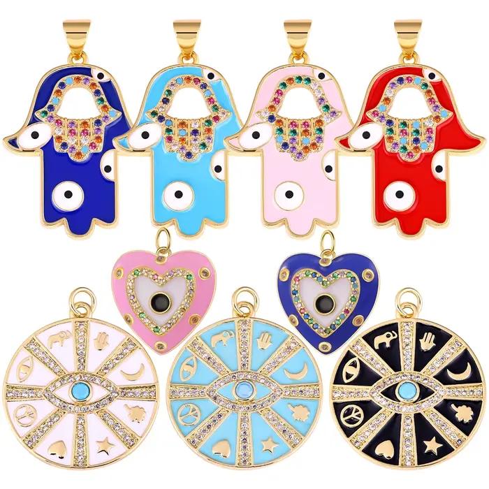 Juya-Breloques en émail coloré plaqué or 18 carats, Hamsa, Main de Fatima, Mauvais œil grec, Bijoux turcs Caricature, Décorations exécutives, DIY