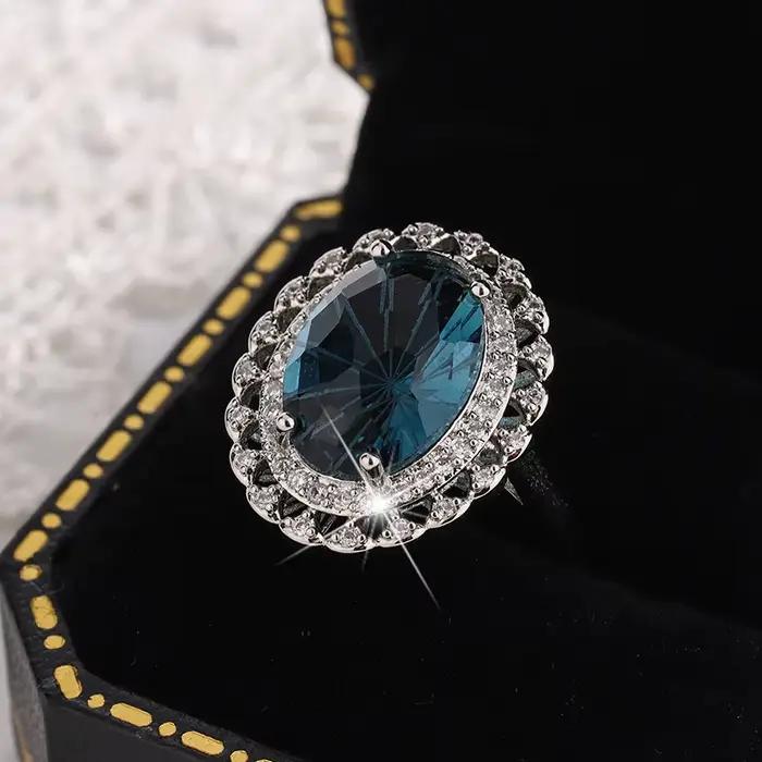 Bague Haute Couture pour femme, plaquée argent 925, Topaze bleue naturelle, bijoux de fête, cadeau