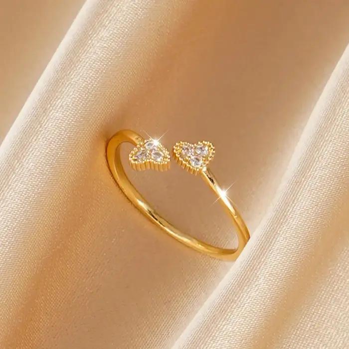 Bague élégante réglable à double cœur sertie de diamants