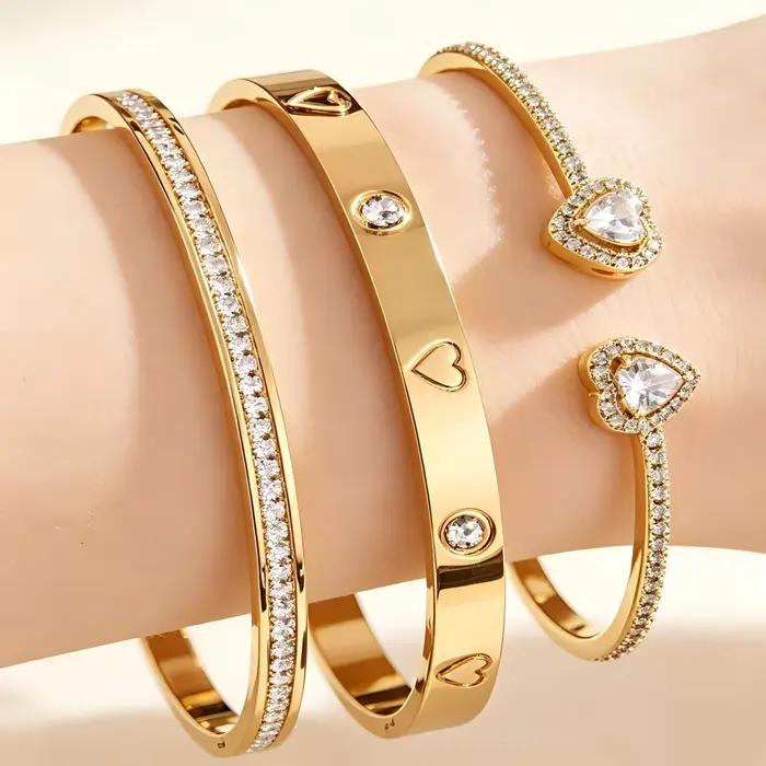 Ensemble de bracelets en acier inoxydable et zircon en forme de cœur