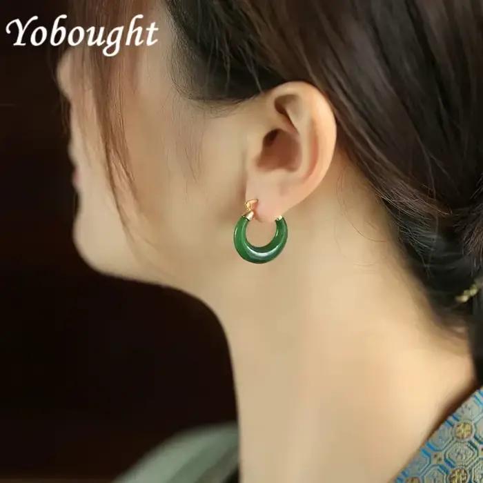 Boucles d'oreilles créoles en jaspe naturel Hetian pour femme, breloque originale, bijoux de haute qualité, cadeau de dîner, frais et ancien, designer