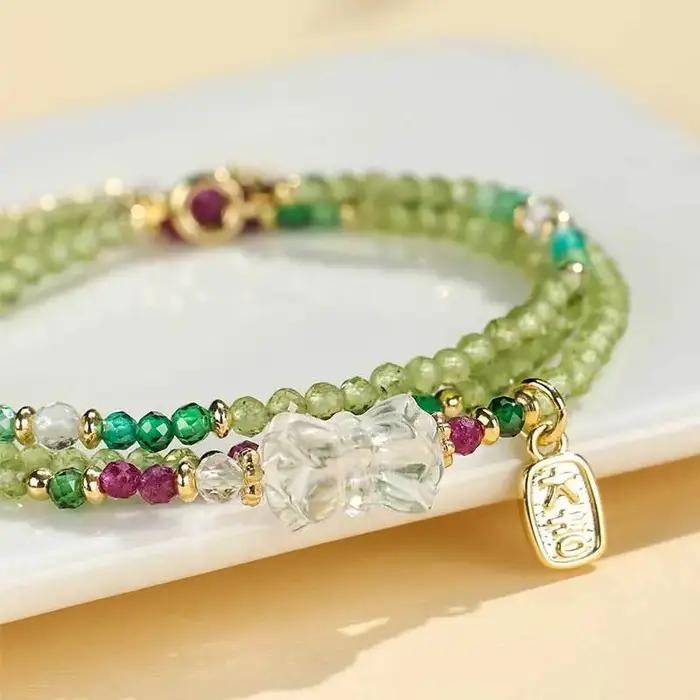 Bracelet à trois rangs en cristal de péridot de style chinois pour femmes