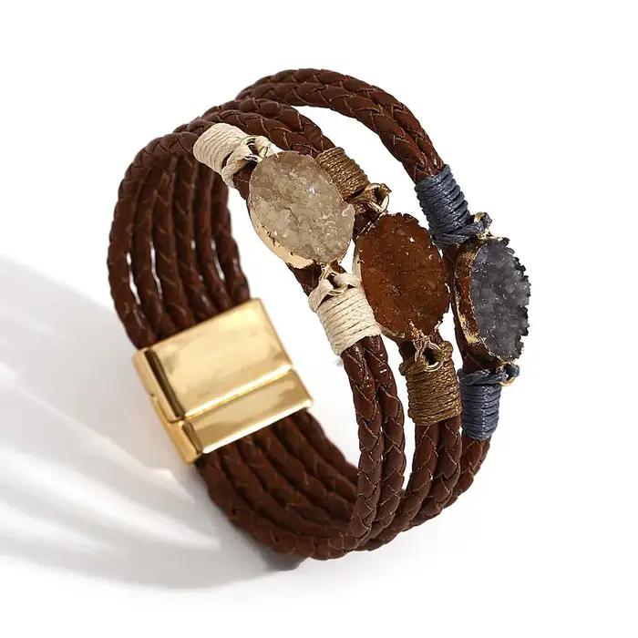 ALLYES Vintage pierres naturelles Bracelet en cuir pour femmes hommes Boho tressé à la main multicouche enroulement Bracelets bijoux