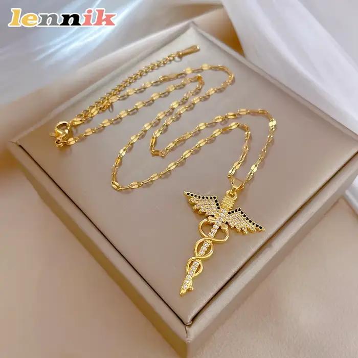 Collier LENNIK étincelant, Niche sacrée du sceptre d'ange rotatif, clavicule en titane de luxe pour femmes, surbrillance de fête/date