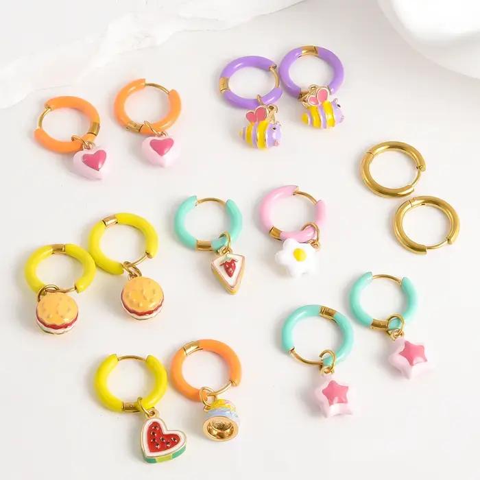 Boucles d'Oreilles Enamel Dopamine Pour Fille Motifs Cœurs Fleurs Abeille Élégantes Gothiques Occasions Spéciales