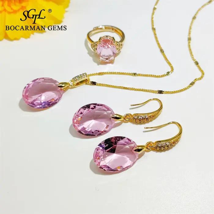 Ensemble de 3 boucles d'oreilles ovales en cristal rose pour femme, collier pendentif, bague, access