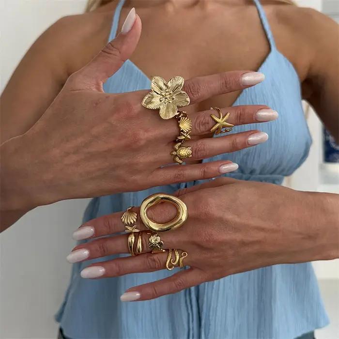 Lot de 9 bagues tropicales océaniques pour femme, tortue de mer, étoile de mer, coquillages, grandes