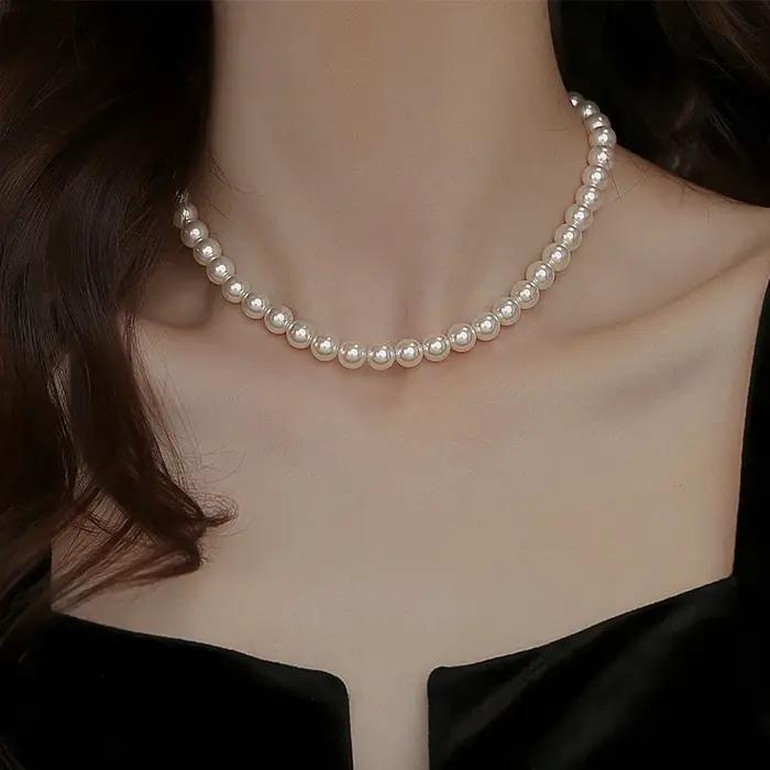 Collier de perles d'imitation pour femmes, chaînes de perles blanches simples, tendance, élégant, lu