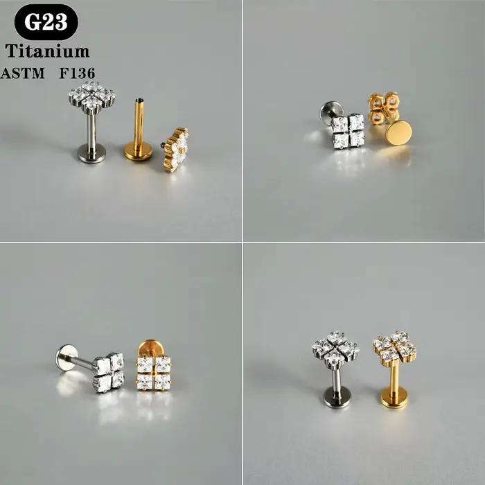 1 PC ASTM F136 titane Zircon dos plat boucle d'oreille fleur clous