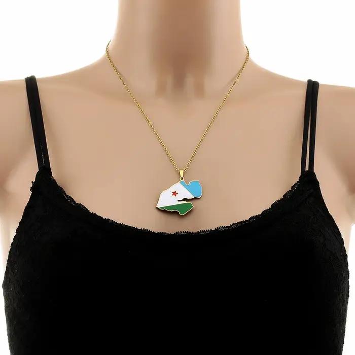 Collier carte de Djibouti en acier inoxydable émaillé pour homme et femme bijou ethnique patriotique accessoire tendance à offrir pour événements spéciaux