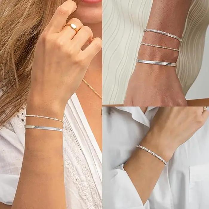 Bracelets en argent Sterling 925 réglables et empilables avec chaînes de maillons et perles pour femmes et filles pour occasions spéciales et cadeaux de fête
