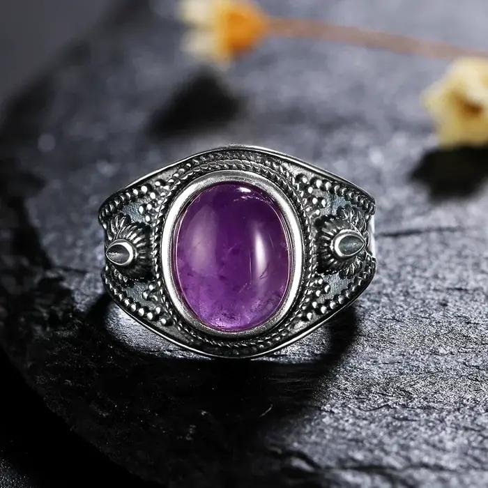 Bague en argent naturel sertie d'améthyste pour femmes, style punk, cadeau d'anniversaire, mariage, engagement, bijou de qualité supérieure