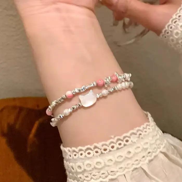 Bracelet en argent regardé 925 pour femme, chat, chaton, perles mignonnes, punk, géométrique, mode fille, bijoux, cadeau, livraison directe, vente en gros