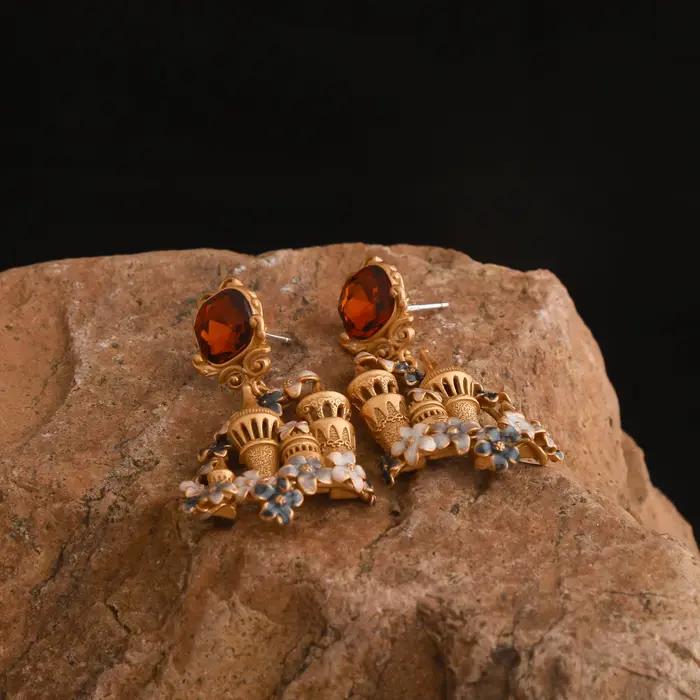 Boucle d'Oreille Vintage en Émail Château d'Or, Broche en Argent 925, Agate Rouge, Cristal, Bijoux Élégants pour Femmes Occasions Spéciales