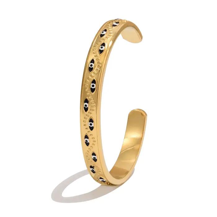 Bracelet ouvert œil porte-bonheur pour femme, en acier inoxydable plaqué or 18 carats, hypoallergéni