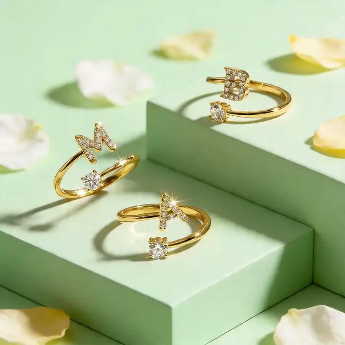 Bagues Chic en Zircon avec Initiale A-Z pour Femmes et Filles